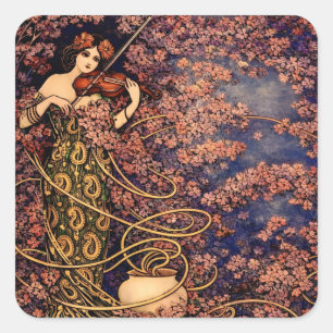 Art Nouveau Violinistin in Blüten – Vintage Floral Quadratischer Aufkleber