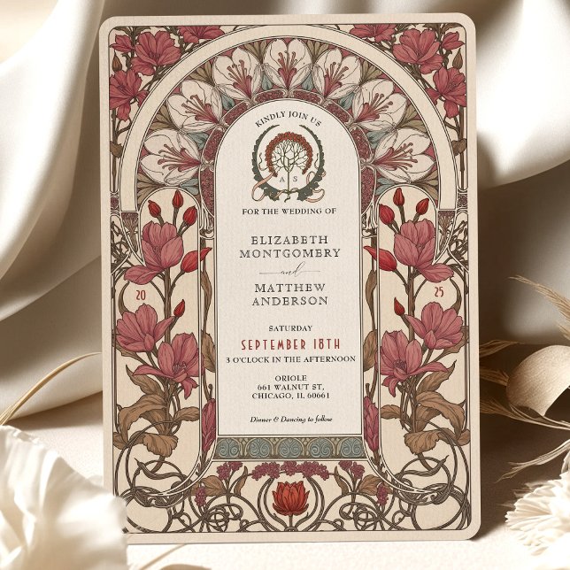Art Nouveau Wedding Burgundy und Ivory Florals Einladung (Von Creator hochgeladen)