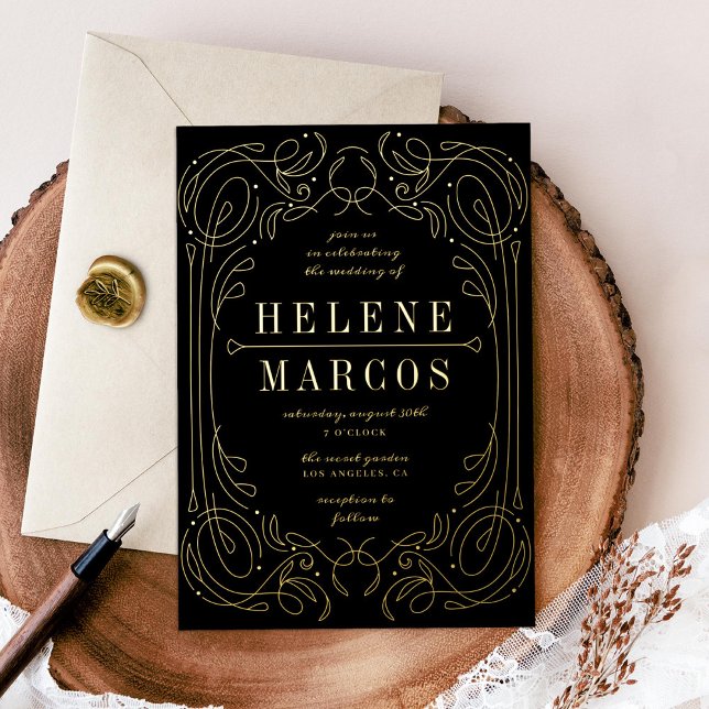 Art Nouveau Wedding Flows Linework Black Gold Folieneinladung (Von Creator hochgeladen)
