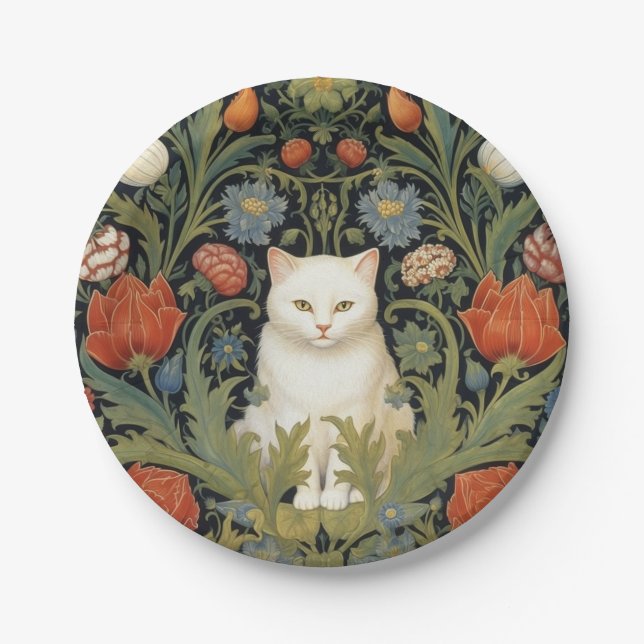 Art nouveau weiße Katze im Garten Pappteller (Vorderseite)