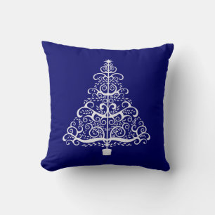 Art Nouveau White Holiday Tree on Blue Kissen