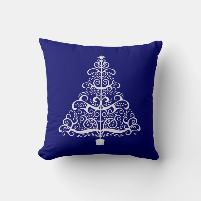 Art Nouveau White Holiday Tree on Blue Kissen (Vorderseite)