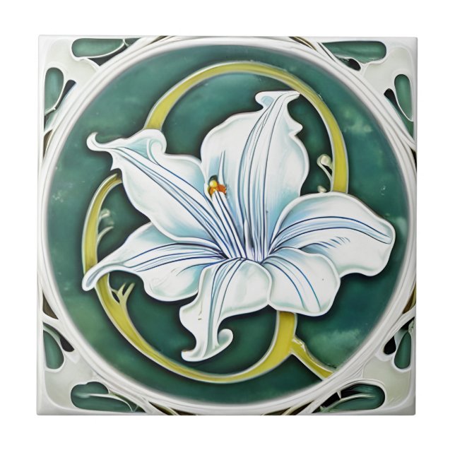Art Nouveau White Lily Fliese (Vorderseite)