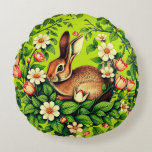 Art Nouveau Wild Rabbit and Flowers Rundes Kissen<br><div class="desc">Pillow in an Art Nouveau style illustration,  inspired by the design style of William Morris,  features a brown rabbit nestled among flowing vines,  white daisies,  and pink tulip-like flowers. The design emphasizes intricate botanical motifs,  evocative of Morris's decorative arts.</div>