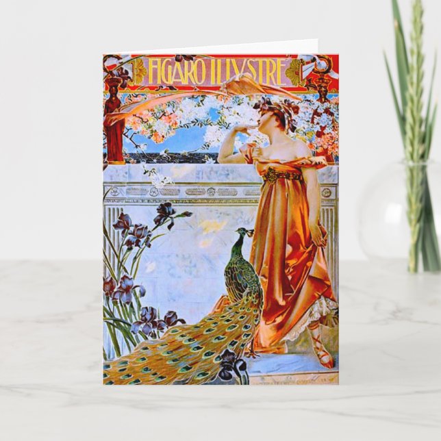 Art Nouveau Woman and Peacock Karte (Vorderseite)