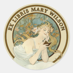Art Nouveau Woman & Book Mucha Ex Libris Vorlage Runder Aufkleber