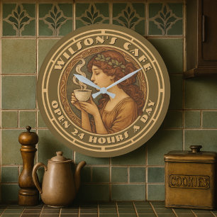 Art Nouveau Woman Coffee Café Große Wanduhr