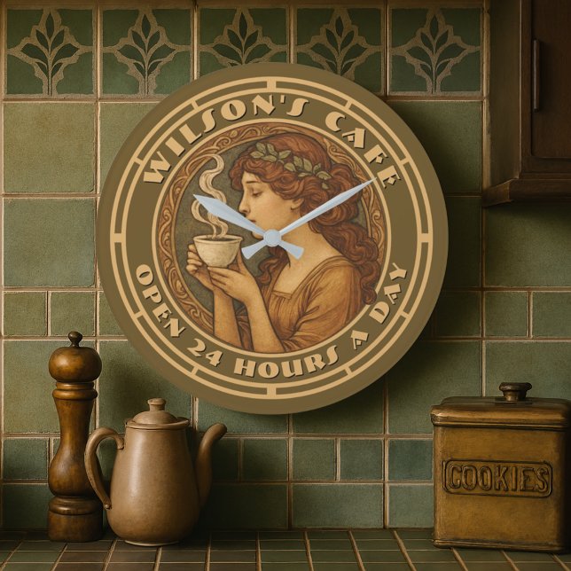 Art Nouveau Woman Coffee Café Große Wanduhr (Von Creator hochgeladen)