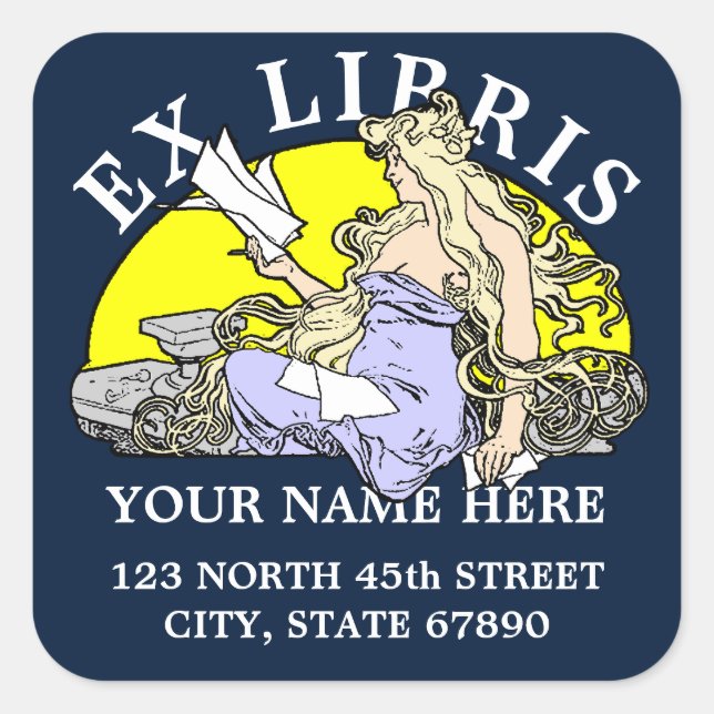 Art Nouveau Woman Reading Mucha Ex Libris Vorlage Quadratischer Aufkleber (Vorderseite)