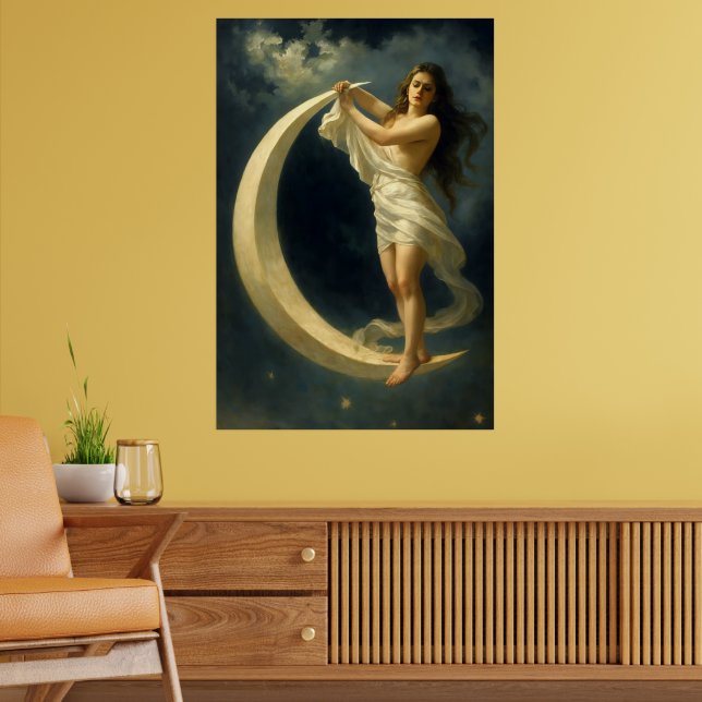 Art Nouveau Woman Riding On A Crescent Moon Poster (Wohnzimmer 2)