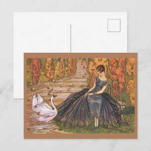 Art Nouveau Woman Swan Vintage Kunstillustrierung Postkarte
