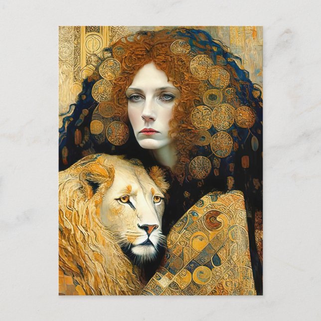 Art Nouveau Woman With Leon Inspired By Klimt Postkarte (Vorderseite)