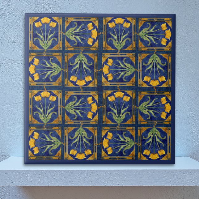 Art Nouveau Yellow Tulip n Royal Blue Tile Pattern Fliese (Von Creator hochgeladen)