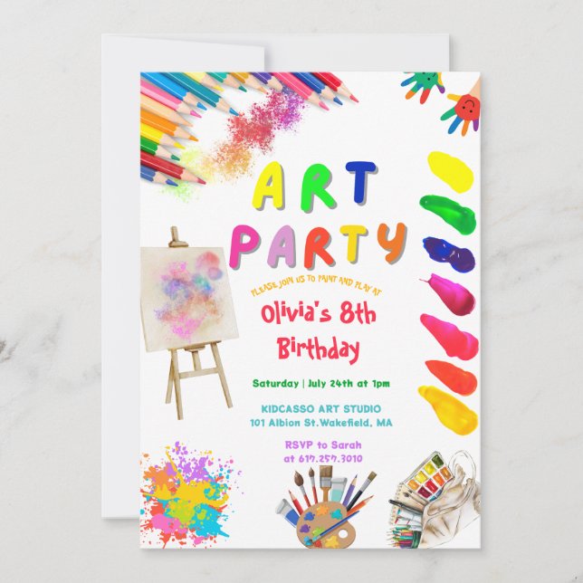 Art Party Birthday Colorful Rainbow Paint Einladung (Vorderseite)