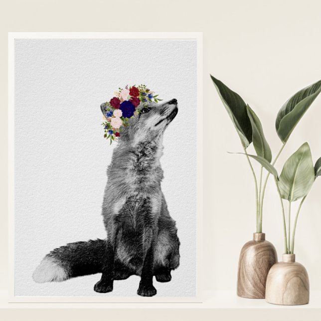 Art Print Fox Schwarz-weiße Blume Crown Poster (Von Creator hochgeladen)