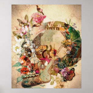 Art Vintag Sugar Skull Blume Poster
