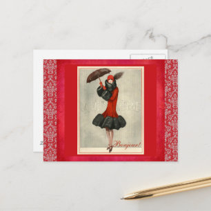 ArtDeco Roter Flapper Französischer Mode Damast Po Postkarte