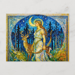 Artemis mit Hirsch und Bogen in einer sternenklare Postkarte