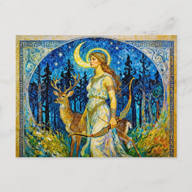 Artemis with Deer and Bow in a Starry Forest Night Postkarte (Vorderseite)