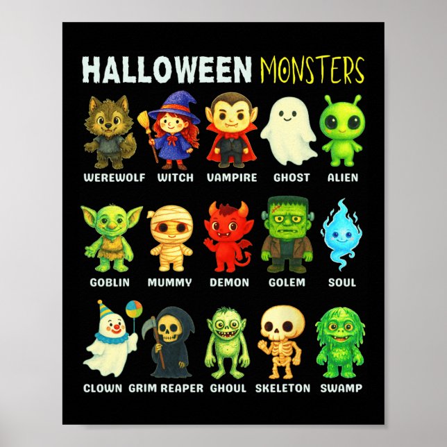 Arten von Halloween-Monstern pädagogisches Poster  (Vorne)