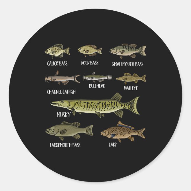 Arten von Süßwasserfischen Arten der Fischerei Runder Aufkleber (Vorderseite)