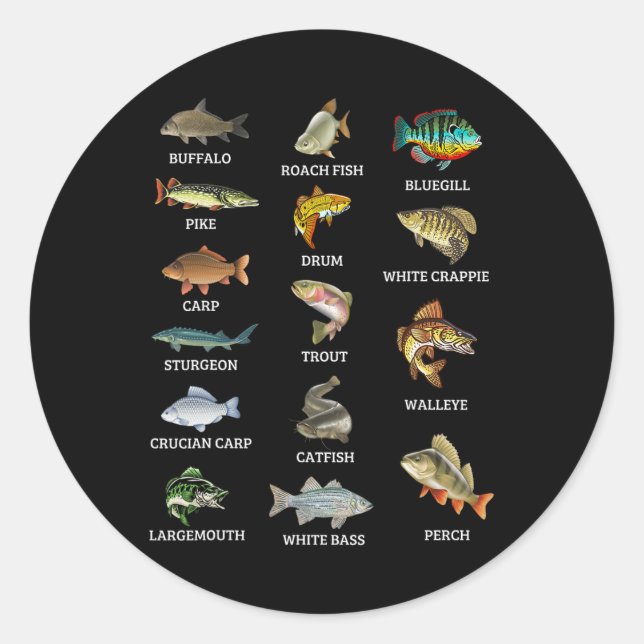 Arten von Süßwasserfischen Fischarten, die Fischer Runder Aufkleber (Vorderseite)