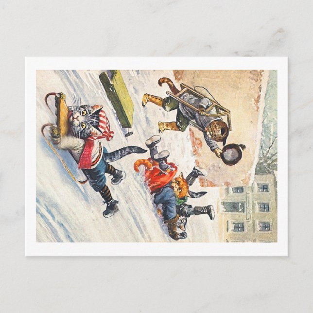 Arthur Thiele - Bobsledding Anthropomorphe Katzen Postkarte (Vorderseite)