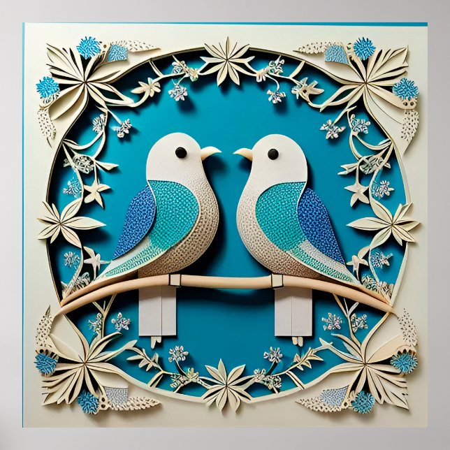 Artikel von zwei Vögeln mit Blumenmotiven Poster (Vorne)