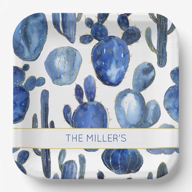 Artisan Blue Gold Cactus Desert NAME Wasserfarben Pappteller (Vorderseite)