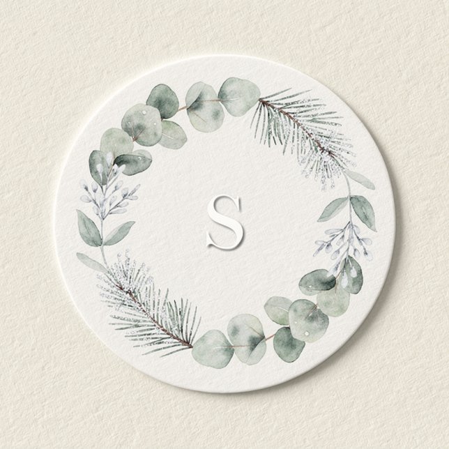 Artisan Winter Botanical Monogramm Initial Elfenbe Runder Aufkleber (Artisan Winter Botanical Monogram Initial Round Sticker)