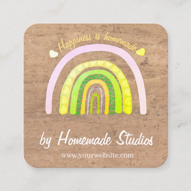 Artisan Woodgrain Rainbow 'Happiness is Homemade'  Quadratische Visitenkarte (Vorderseite)