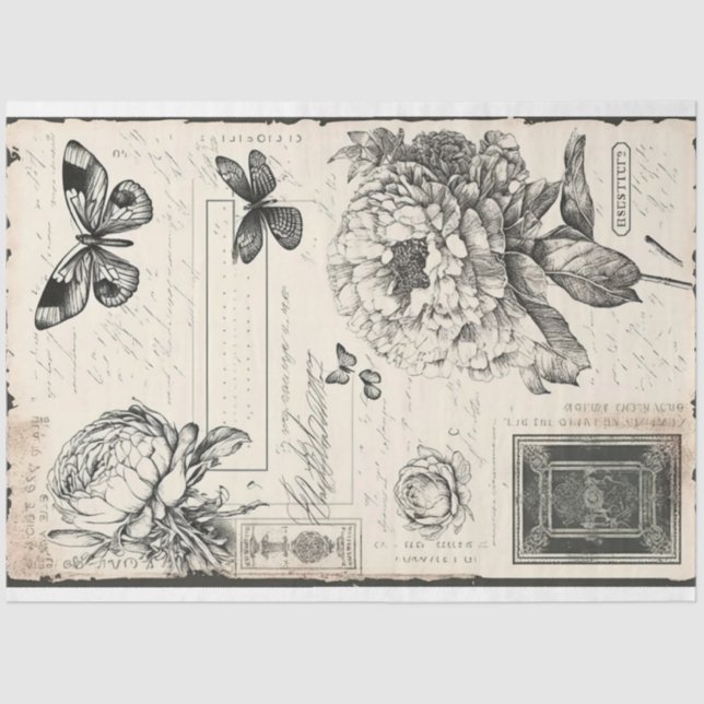 Artist Large Vintag Peony Butterfly Schwarz-weiß Seidenpapier (Vorderseite)