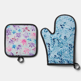 Artist Mix: Blue Petals & Colorful Watercolor Ofenhandschuh & Topflappen-Set