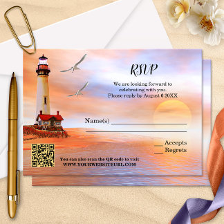 Artistic Beach Lighthouse Wedding RSVP Card Karte