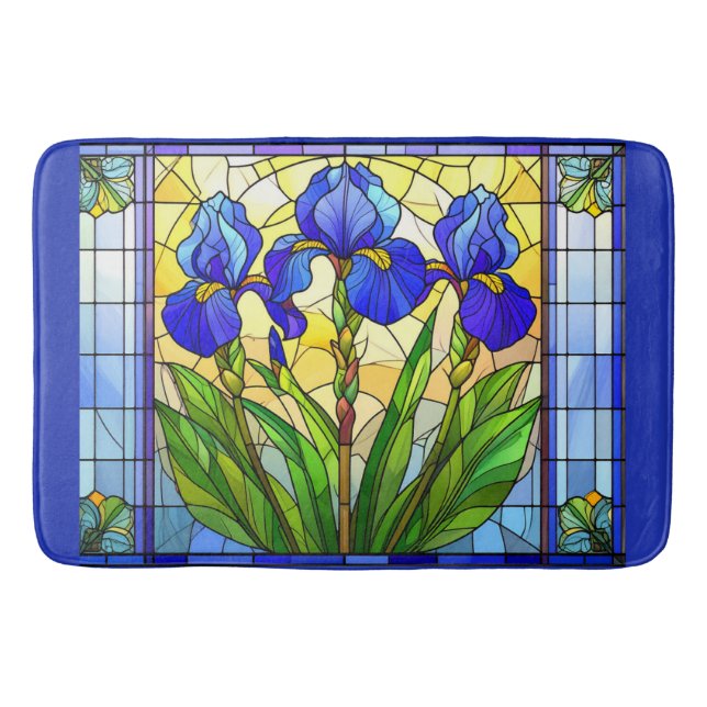 Artistic Blue Iris Floral gesteinigte Glasmatte Badematte (Vorderseite)