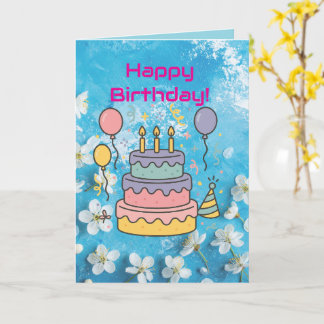 Artistic Blue White Cherry Blossom Birthday Card Karte