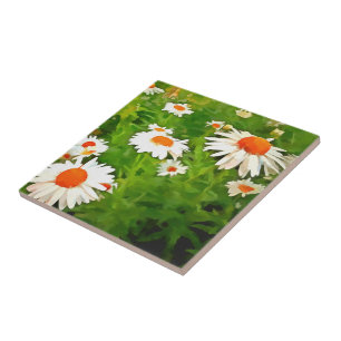Artistic Bright Colorful White Garden Daisies v4b Fliese