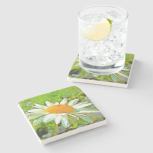 Artistic Bright Colorful White Garden Daisis v6 Steinuntersetzer
