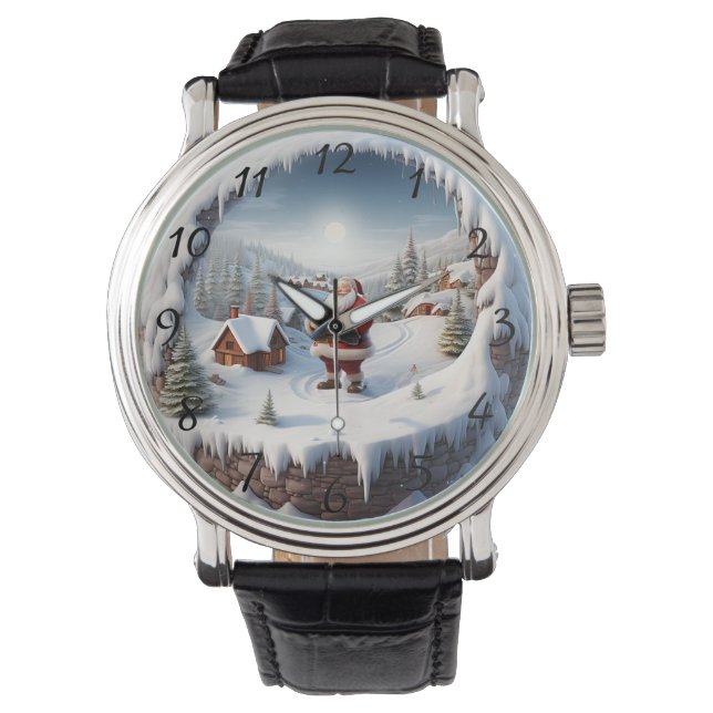 Artistic Christmas Santa and Snowy Village Scene Armbanduhr (Vorderseite)