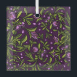 Artistic Floral Motif: Purple Flowers Ornament Aus Glas<br><div class="desc">Intricate floral pattern with green leaves,  purple flowers,  and berries on a dark purple background. Artistic and vibrant,  conveying a whimsical tone.</div>