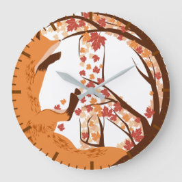 Artistic Fox Peace Sign Autumn Leaves Tree Poster Große Wanduhr