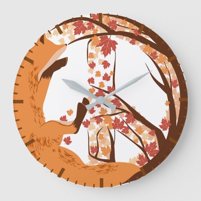 Artistic Fox Peace Sign Autumn Leaves Tree Poster Große Wanduhr (Vorderseite)
