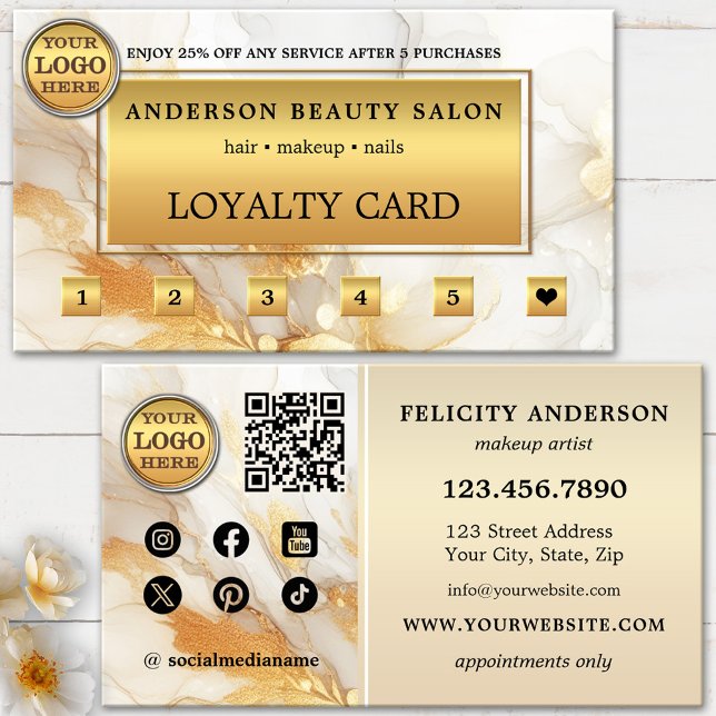 Artistic Gold Chic Loyalty Business Card Treuekarte (Loyalty business card featuring your own logo on an elegant artistic gold design - beauty salon )
