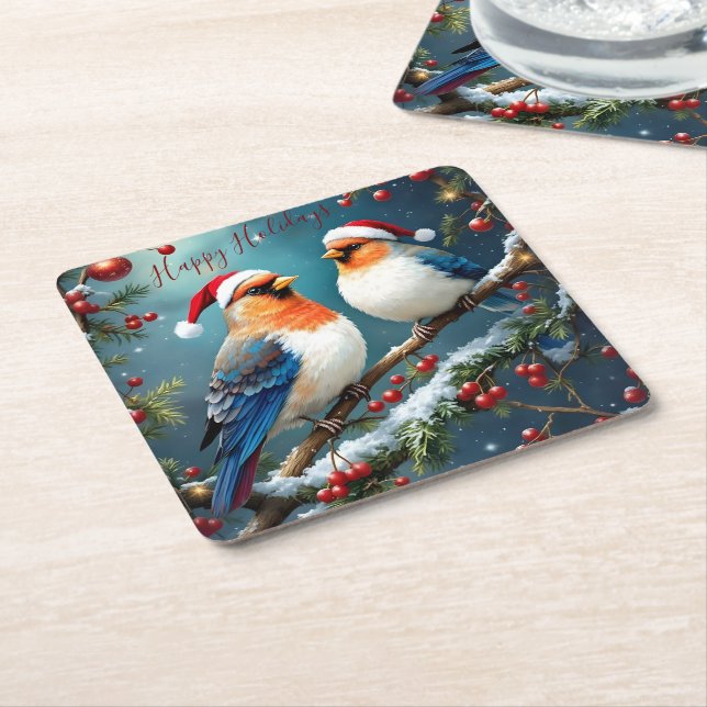 Artistic Holiday Christmas Birds With Santa Hats Rechteckiger Pappuntersetzer (angewinkelt)