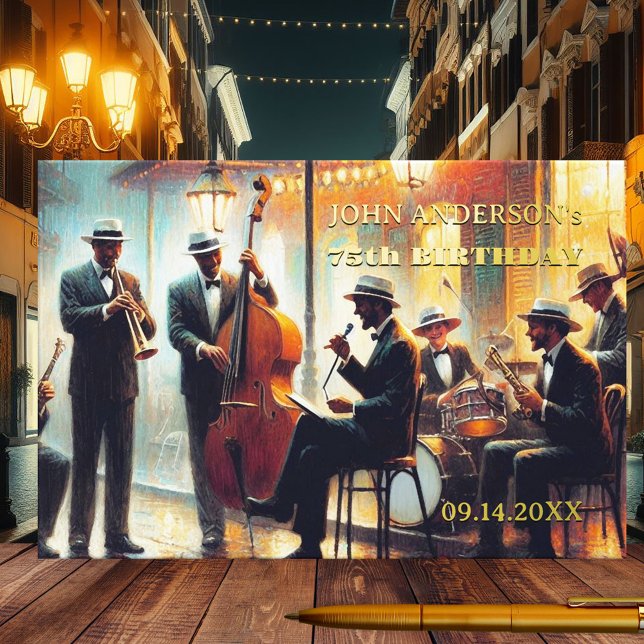 Artistic Jazz Orchestra Music Birthday Real Gästebuch (Birthday guest book featuring a painting of a jazz music orchestra with real foil texts)