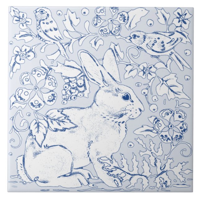 Artistic Light Bunny Bunny Bird Floral Delft Fliese (Vorderseite)