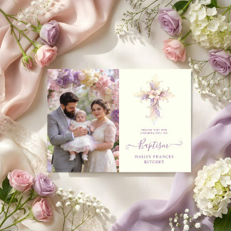 Artistic Lilac Floral Christian Cross Baptism Dankeskarte