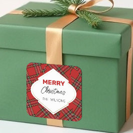 Artistic Merry Christmas Tartan Burgundy Quadratischer Aufkleber
