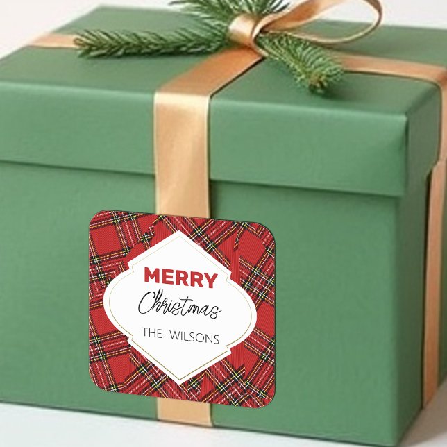 Artistic Merry Christmas Tartan Burgundy Quadratischer Aufkleber (Von Creator hochgeladen)