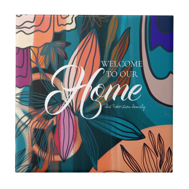 Artistic Orange Pink Navy Botanical Blätter Willko Fliese (Vorderseite)